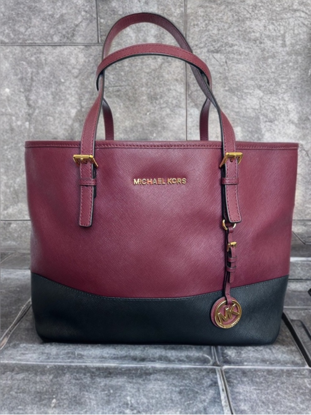 Michael Kors Wine and Black Saffiano Leather Tote